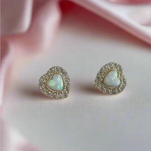 Gold Plated Heart-Shaped Opal and CZ Stud Earrings. New.